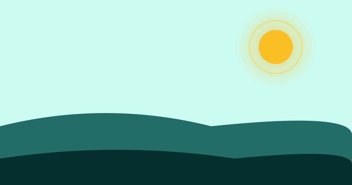 Stylized teal landscape banner with rolling hills under an amber sun